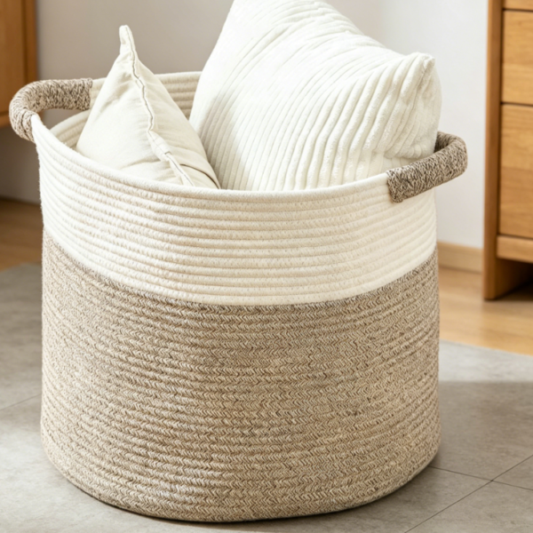 Round Cotton Rope Blanket Storage Basket for Living Room, Bedroom and Home Decor
