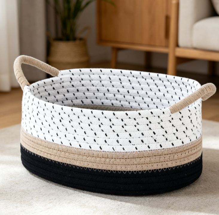 Cotton Rope Storage Basket with Handles for Gifts, Nursery and Toy Organization