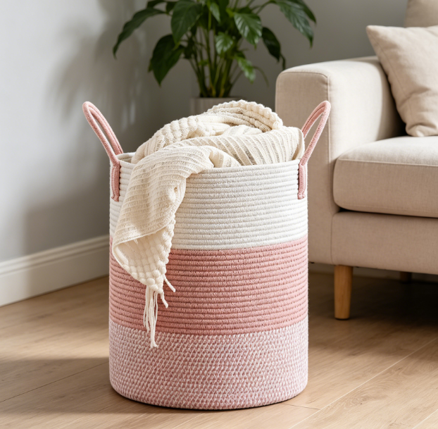 Round Cotton Rope Laundry Basket for Clothes, Towels and Storage Use - Image 2