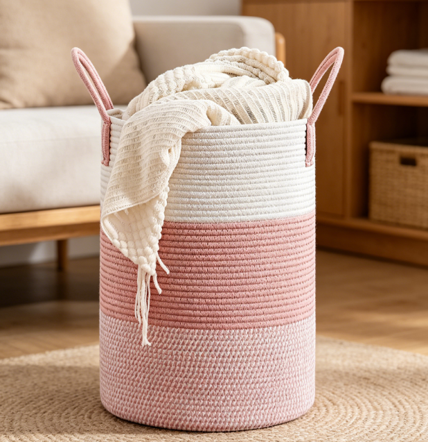 Round Cotton Rope Laundry Basket for Clothes, Towels and Storage Use