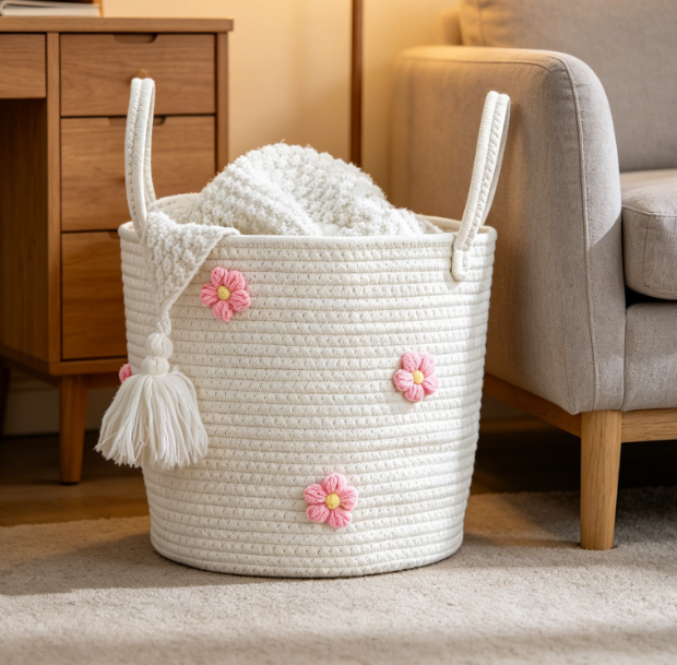 Small Round Cotton Rope Storage Basket for Laundry, Towels and Home Decor - Image 2