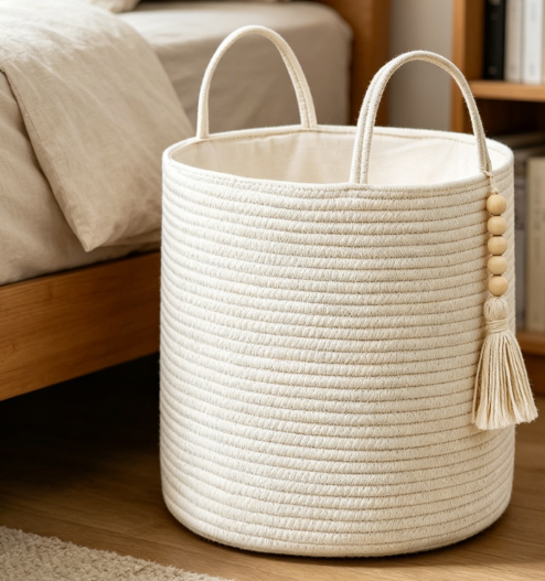 Cotton Rope Storage Basket with Handles for Clothes, Toys and Home Organization - Image 2
