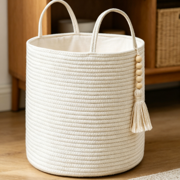 Cotton Rope Storage Basket with Handles for Clothes, Toys and Home Organization
