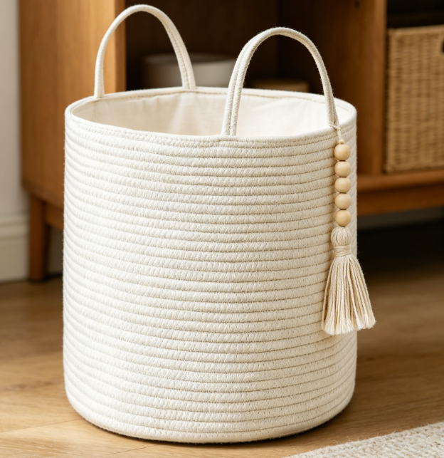 Cotton Rope Storage Basket with Handles for Clothes, Toys and Home Organization