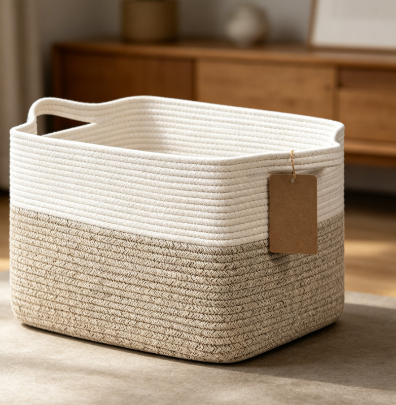 Square Cotton Rope Storage Basket with Handles for Toys, Books and Shelf Organization - Image 2