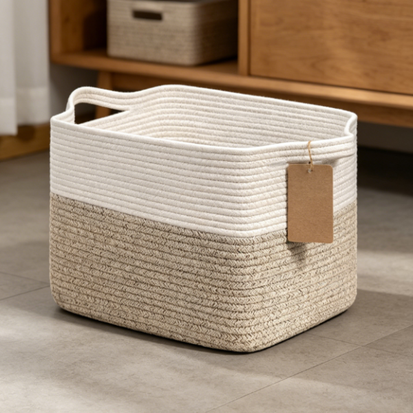 Square Cotton Rope Storage Basket with Handles for Toys, Books and Shelf Organization