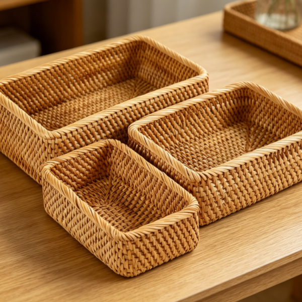 Rattan Storage Baskets Set for Kitchen, Living Room and Home Organization