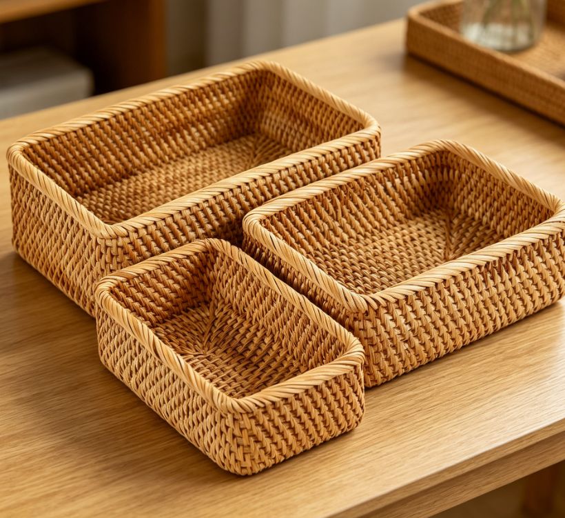 Rattan Storage Baskets Set for Kitchen, Living Room and Home Organization