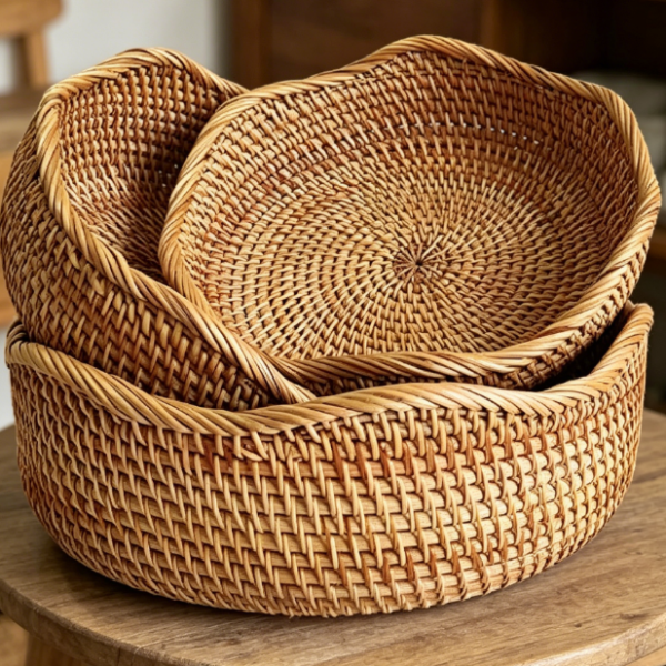 Round Rattan Storage Bowls Set for Kitchen Counter, Fruit and Bread Storage
