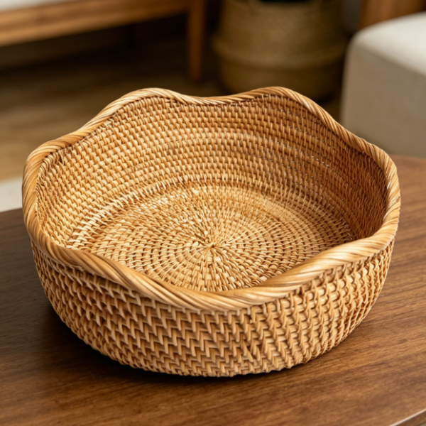 Round Rattan Storage Basket for Kitchen Counter and Food Storage