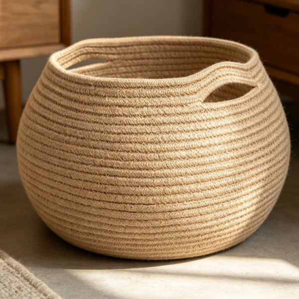 Small Round Wicker Storage Basket for Towels, Toys, Plants and Home Decor